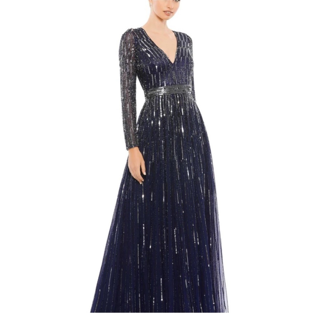 Mac Duggal navy sequined V neck gown